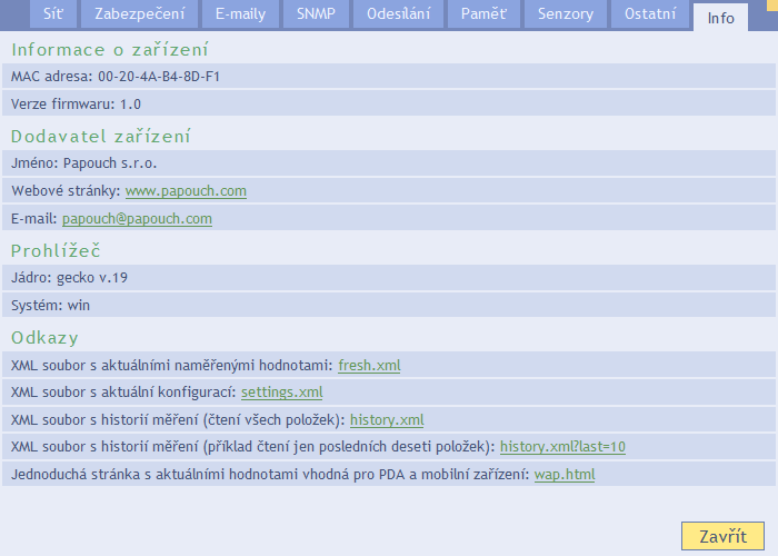 I n f o Tento panel není konfigurační, ale obsahuje různé informace o zařízení, například MAC adresu. Odkazy obr.