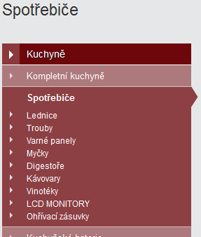 Obr. 6 První podmenu v levém panelu Pokud se ale nacházím o pozici níže, v ukázce na Spotřebičích (obr. 7), tak je toto značení nedostačující.