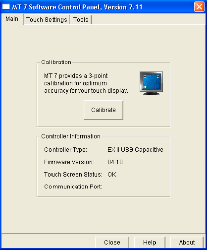 2. Kalibrace dotekového senzoru 1. Spusťte kalibrační utilitu Control Panel, která sa nachází v nabídce Start -> Programy -> MT 7 Software. 2.