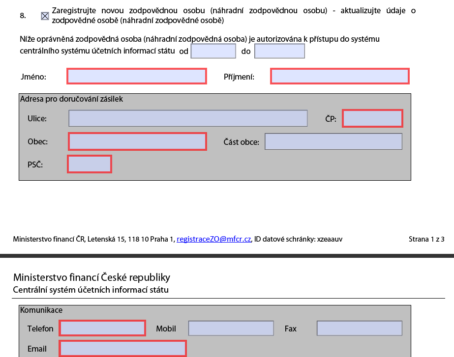 5. Údaje o ZO/NZO v části 8 po rozbalení Zobrazení části formuláře pro vyplnění osobních