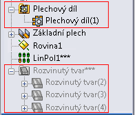 Plechové díly Vícetělové díly Struktura stromu FeatureManager Struktura stromu FeatureManager pro vícetělové plechové díly se změnila.