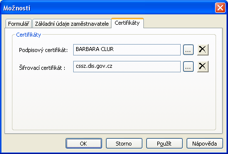 Na záložce Certifikáty také můžete vybrat certifikáty, které bude aplikace používat pro elektronické podepisování a případné šifrování souboru s elektronickým podáním.