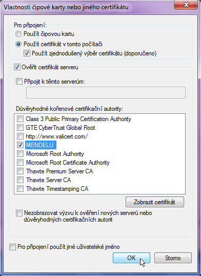 Ve vlastnostech čipové karty nebo jiného certifikátu nastavíme v oblasti Pro připojení: Použít certifikát v tomto počítači - Použít zjednodušený výběr certifikátu dále Ověřit