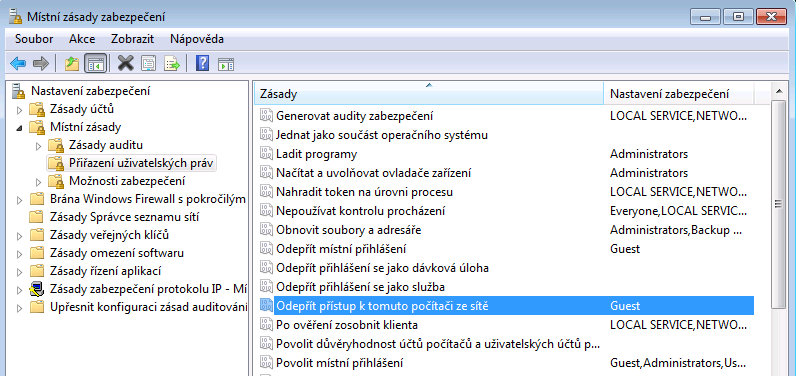 3.3. Připojení po síti - zakažte vzdálené připojení k účtu Guest (secpol.msc -> Místní zásady -> Přiřazení uživatelských práv). 3.3.1. V liště Start zadejte příkaz secpol.msc. 3.3.2.