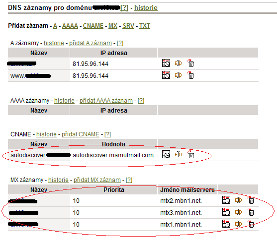 Nastavení DNS záznamů pro Business mail 1) Přihlaste se do Zákaznického centra a jděte do sekce Domény a pod vybranou doménou klikněte na DNS : 2) Zobrazí se Vám následující okno: 3) Zde je potřeba