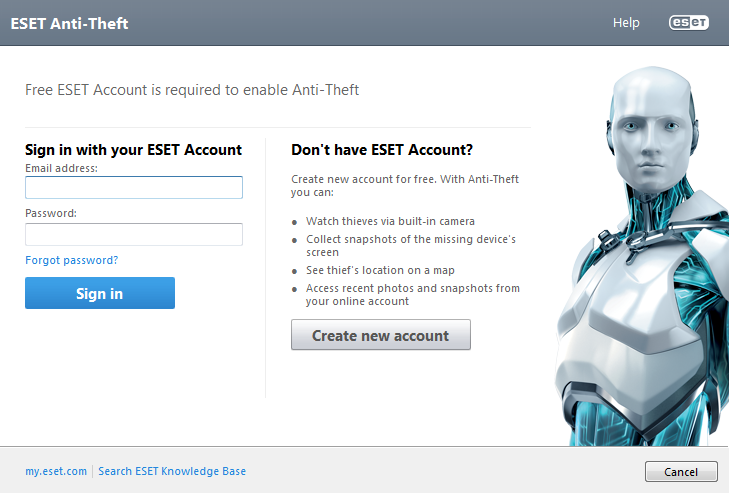 Zapněte Anti-Theft Součástí instalace je i aktivace modulu Anti-Theft a vytvoření ESET účtu na webovém rozhraní my.eset.com.