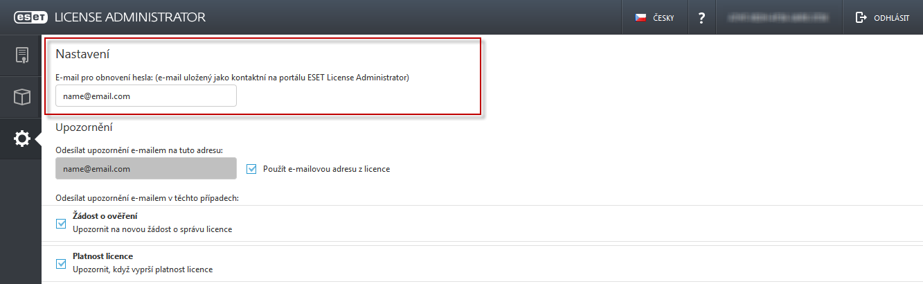 3.6 Nastavení V sekci Nastavení si jako vlastník licence můžete nastavit zasílání upozornění na důležité změny související s licencí a aktivovat možnost pro stažení offline a klasických licenčních