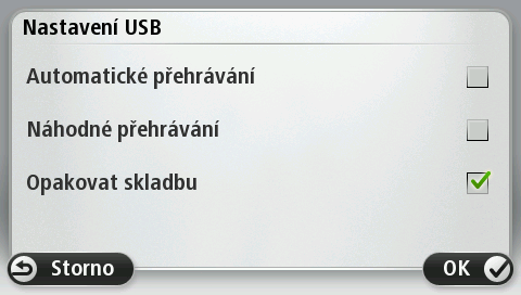 Klepnutím na možnost Knihovna USB otevřete menu knihovny. Klepnutím na možnost Přehrát náhodně vyberte skladbu náhodně. Přehrávač Media Player začne přehrávat skladbu.