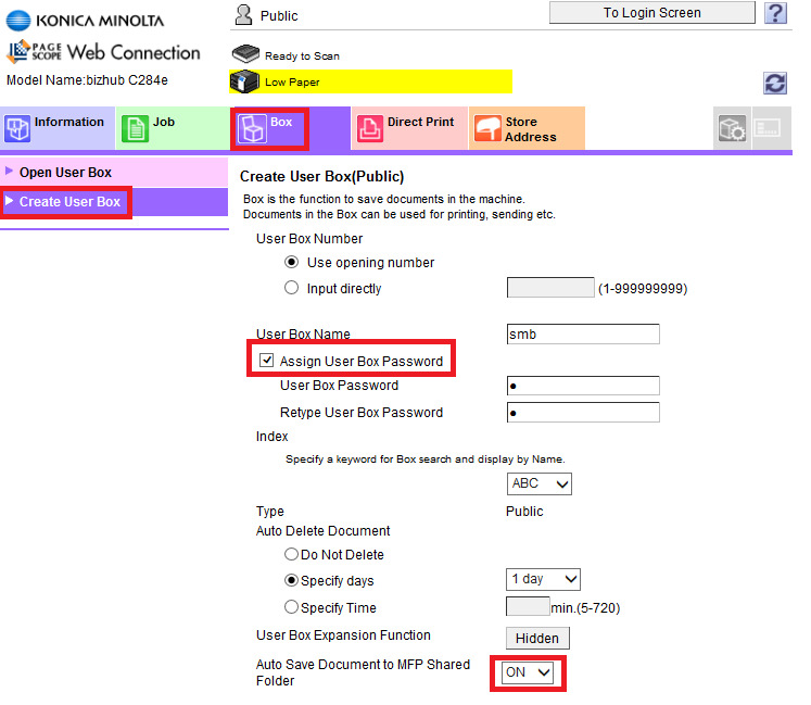 Postup nastavení: 1) Na stroji přes panel nebo webové rozhraní nastavte: - SMB Server - ON - Share SMB Files - ON