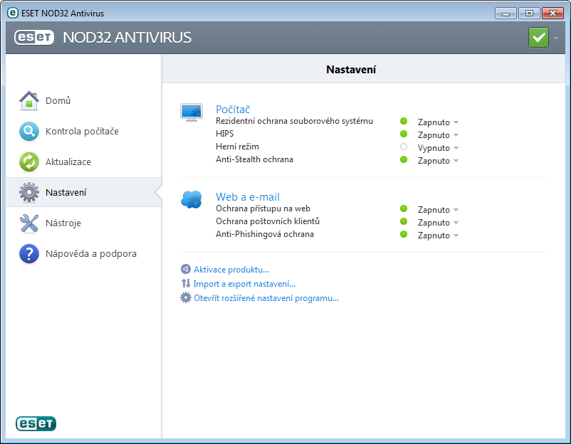 4. Práce s ESET NOD32 Antivirus Podrobná nastavení v ESET NOD32 Antivirus umožňují upravit úroveň ochrany počítače.