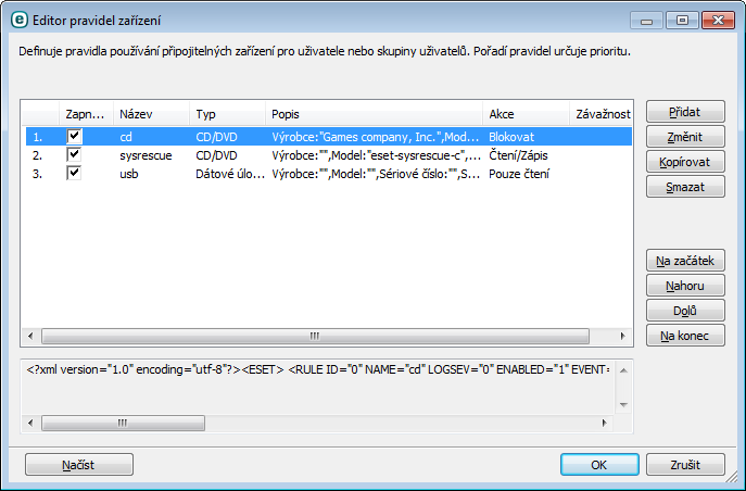 4.1.3.1 Pravidla správce zařízení Editor pravidel správce zařízení zobrazuje seznam všech existujících pravidel, které umožňují detailní kontrolu nad zařízeními připojovanými k počítači.