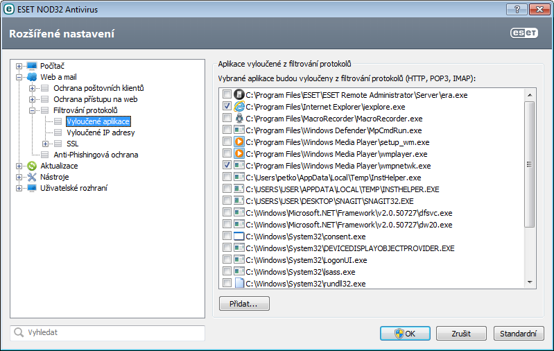 4.2.3.2 Vyloučené aplikace V tomto dialogovém okně vyberte aplikace, které chcete vyloučit z kontroly filtrování protokolů.