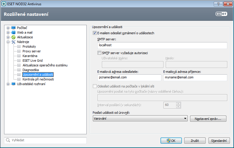 4.4.10 Upozornění a události ESET NOD32 Antivirus dokáže odesílat e-maily při výskytu události s nastavenou úrovní důležitosti.