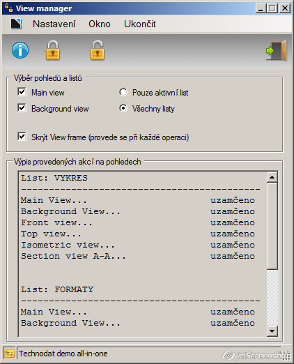 View manager View manager uzamčení/odemčení pohledů a skrytí rámečku Popis aplikace Makro umožňuje hromadné uzamčení / odemčení výkresových pohledů.