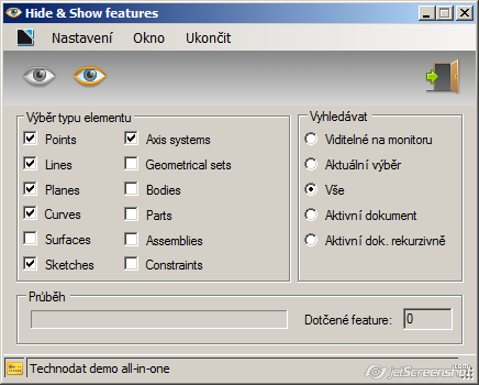 Hide & Show features Hide & Show features skrývání / zobrazování elementů Popis aplikace Makro umožňuje velmi rychlé a snadné přesunování elementů v modelu i v sestavě do NoShow prostoru a zpět.