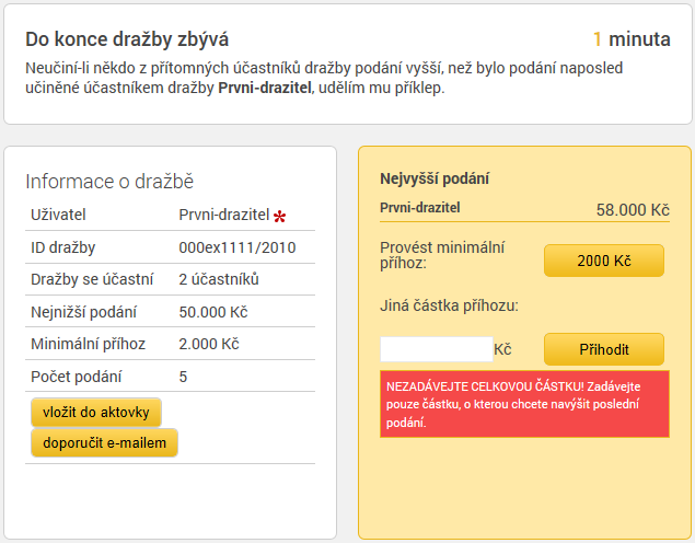 Časový limit dražby je rovněž uveden na detailu dražby, přičemž aktuální časový limit zbývající do ukončení dražby je odpočítáván.