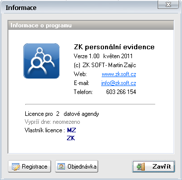 Informace Registrace programu Informace o programu Zde se zobrazují informace o autorovi a verzi programu a o zákazníkovi, kterému je program určen.