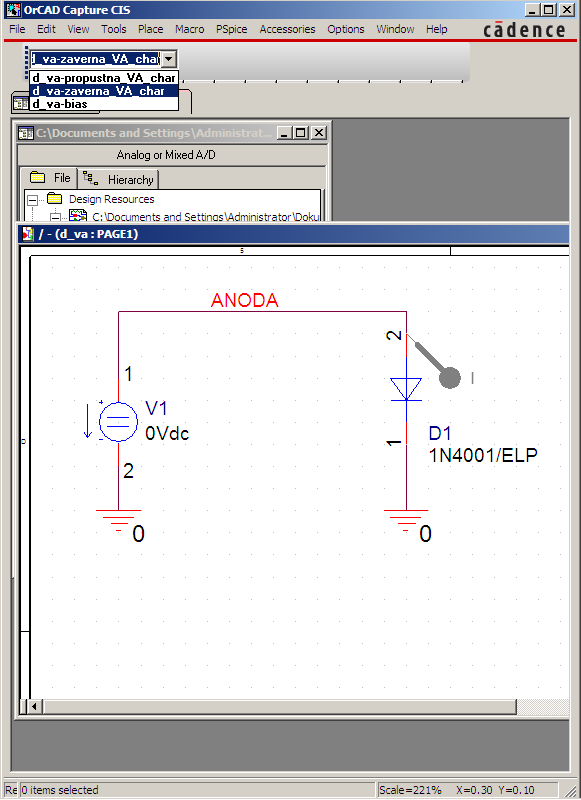 PSpice V-A charakteristika ) Spustit Capture/Design Entry CIS ) File Open Project 06_D_VA_temp.opj K dispozici jsou tři simulační profily:. Pracovní bod. Stejnosměrná analýza VA propustná 3.