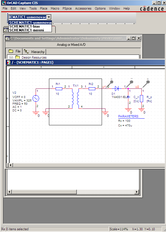PSpice Měření na usměrňovači ) Spustit Capture/Design Entry CIS ) File Open Project 06_usmernovac.opj K dispozici jsou tři simulační profily:. Pracovní bod.