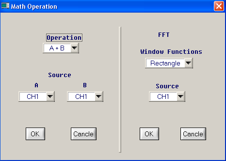Obrázek 2-6 Matematická Sekce: Volba zdroje signálů: FFT volba zobrazení: FFT volba zdroje signálů: Můžete vybrat matematickou operaci mezi dvěma zdroji signálu A a B.