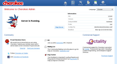 Web Interface: URL: http://127.0.0.1:9090/ Cherokee Web Server 1.0.8 (Jan 12 2011): Listening on port 127.0.0.1:9090, TLS disabled, IPv6 enabled, using epoll, 4096 fds system limit, max.
