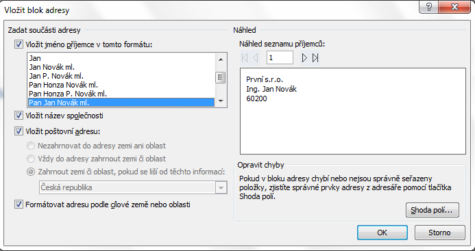 Na obrázku aplikace Word automaticky přiřadila sloupec Oslovení z datového souboru k prvku Zdvořilostní oslovení. Aplikaci Word se však nepodařilo přiřadit další prvky.