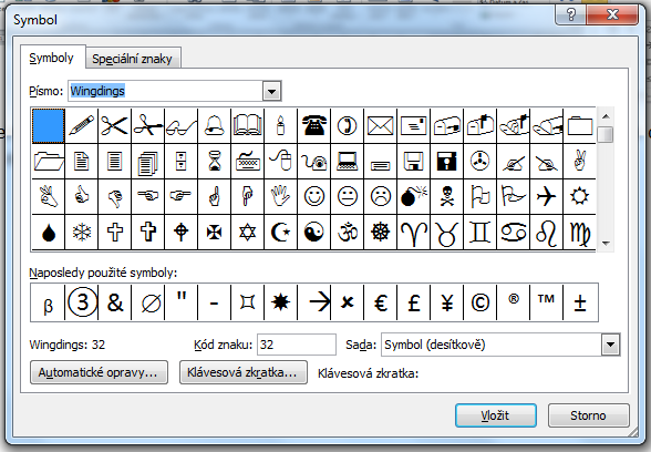 Pokud potřebujeme znak, který není v nabídce, zvolíme tlačítko Další symboly a objeví se dialogové okno, ve kterém můžeme zvolit písmo a požadovaný znak.