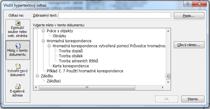 TEORIE 24 Hypertextové odkazy Hypertextové odkazy jsou části textu, příp. objekty, pomocí kterých se lze přepnout na www stránku, do jiného souboru nebo do jiné části dokumentu.