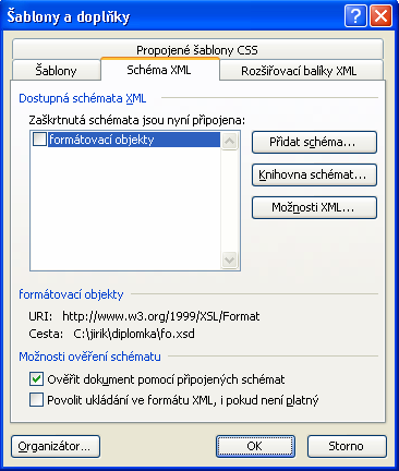 7 Integrace převodu do MS Word 2003 Další velkou výhodou použití XSLT je, že se tento převod dá přímo integrovat do MS Wordu 2003 [4], jelikož ten přímo umožňuje při otevření XML dokumentu použít