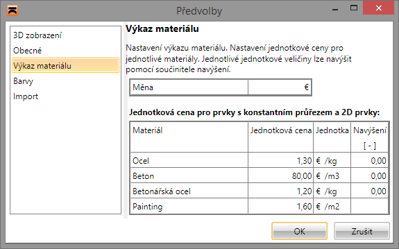 Uživatelská příručka IDEA Designer 146 12.1.4 Výkaz materiálu Nastavení cenové tabulky pro výkaz materiálu se spouští příkazem nabídky Soubor > Předvolby, záložka Výkaz materiálu.