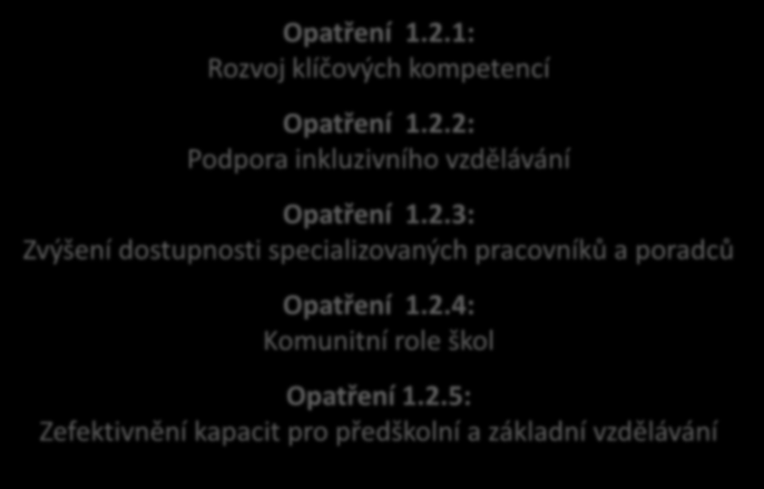 6. Priority a opatření - Společnost Priorita 1.2: Všestranné vzdělávání a výchova dětí rozvoj předškolního a základního vzdělávání Opatření 1.2.1: Rozvoj klíčových kompetencí Opatření 1.2.2: Podpora inkluzivního vzdělávání Opatření 1.