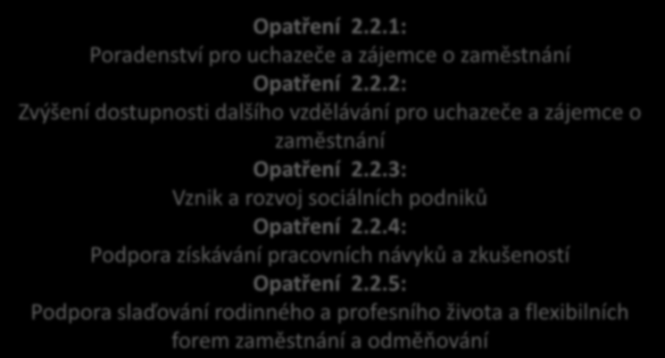 6. Priority a opatření - Hospodářství Priorita 2.2: Podpora zaměstnanosti poctivá práce pro každého Opatření 2.2.1: Poradenství pro uchazeče a zájemce o zaměstnání Opatření 2.2.2: Zvýšení dostupnosti dalšího vzdělávání pro uchazeče a zájemce o zaměstnání Opatření 2.