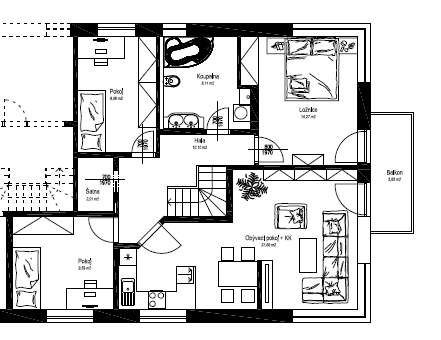 Bytová jednotka č. 1 3.NP 4.NP Bytová jednotka 4+1 Mezonetový byt jenž nabízí vysoký standart bydlení pro rodinu s dvěma dětmi. Byt nabízí skvělý výhled do okolí a dokonalou harmonii s okolní zelení.