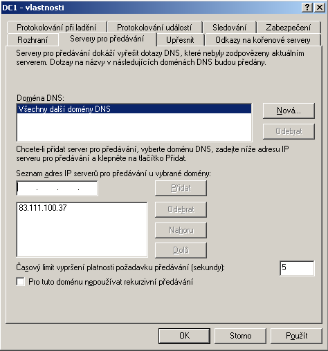 Obrázek 8: Nastavení DNS forwardingu 4. Klikněte na tlačítko OK a zavřete konzolu DNS serveru.