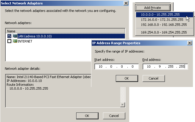 Obrázek 16: definice IP adres interní sítě 7. Pomocí tlačítka Add Adapter můžete vložit celý rozsah IP adres, který je odvozen z IP konfigurace interního adaptéru ISA serveru.