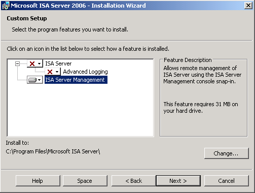 instalovat jen konzolu pro správu na jiný Windows server 2003, zvolte vlastní instalaci (Custom) a z dostupných komponent vyberte položku ISA server management.