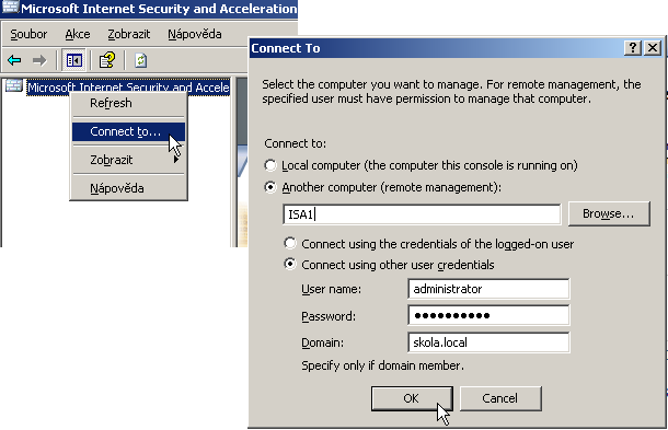 Pokud spustíte konzolu ISA serveru z pracovní stanice, máte možnost připojení ke zvolenému vzdálenému ISA serveru. 1.