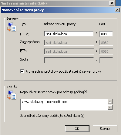 Obrázek 32: výjimky proxy klienta Automatická konfigurace Web-Proxy klientů Pokud je klient nastaven na automatickou konfiguraci, pak je při každém spuštění Internet Exploreru stažen aktuální