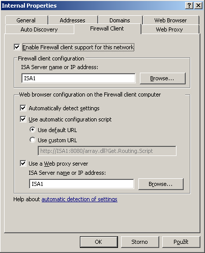 Obrázek 35: konfigurace Web-Proxy klienta Firewall klientem Spuštění podpory pro automatickou detekci ISA serveru K automatické konfiguraci Web-Proxy klienta, můžete nastavit síťové prostředí tak,