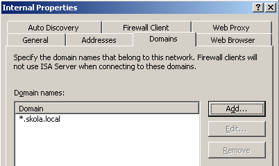 možno použít Firewall klienty. Tato volba je ve výchozím stavu na interní síti povolena. Ve spodní části panelu lze ovlivnit, jak Firewall klient nastaví uživateli prohlížeč internetu.