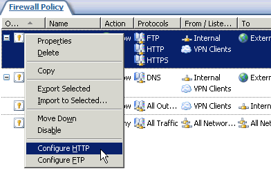 Obrázek 67: DNS server protokol s aplikačním filtrem HTTP aplikační filtr Aplikační filtr protokolu HTTP poskytuje široké možnosti k ochraně interních webových serverů nebo filtrování nežádoucí