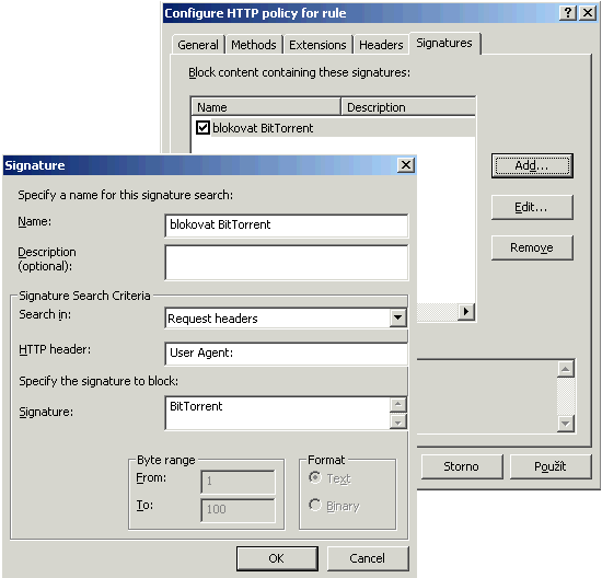 Obrázek 71: blokování aplikace přenášející data HTTP protokolem 7. Po editaci HTTP filtru aplikujte nastavení na ISA server.