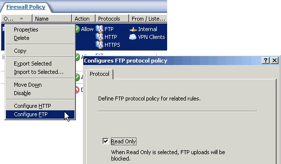 Obrázek 72: FTP filtr Publikování interních serverů na internet Pro zveřejnění interních serverů uživatelům externí sítě slouží speciální pravidla firewallu tzv. publikační pravidla.