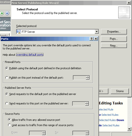2. V pravé části konzole v panelu Tasks vyberte možnost Publish Non-Web server protocol, spustí se průvodce. 3. Na první obrazovce vepište jméno pravidla, například zverejneni FTP. 4.