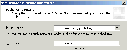 Obrázek 80: jméno serveru 7. Na další obrazovce průvodce nechte volbu This domain name a zadejte internetový název poštovního serveru. Internetový název (např. mail.domena.