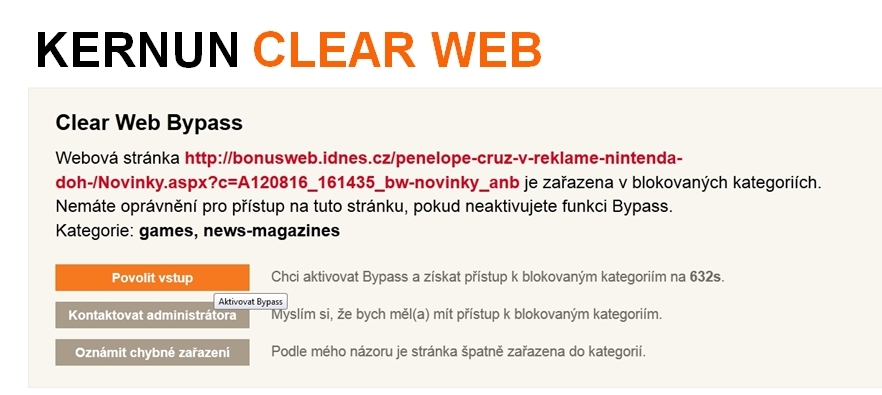 KERNUN BYPASS Kernun zablokoval přístup v režimu BYPASS