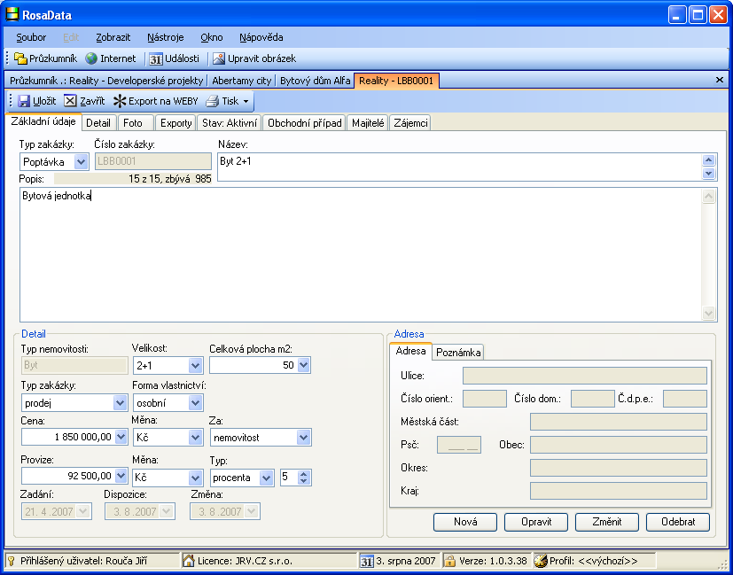 Základní údaje o realitě, o ceně a adrese viz Obrázek 8 - Detail Reality. V detailním okně je dále možno evidovat i detailní informace. Připojit obrázky s možností jejich editace přímo v program viz.