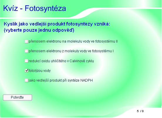 přípravu na hodinu; interaktivní ovládání tohoto výukového programu; učitel nebo student může animaci zastavit v libovolné pozici, popřípadě průběh animace vracet; animace jsou pohyblivé, dynamické a