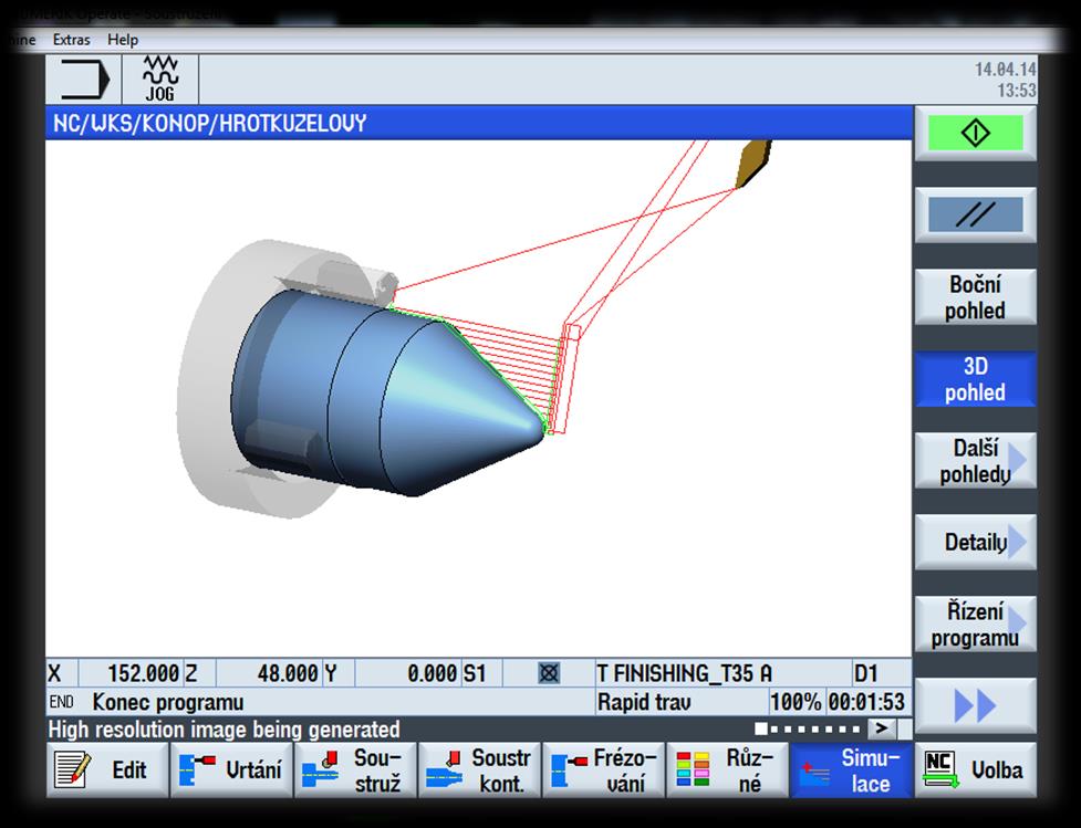 Nastavení stroje a spuštění simulace: simulace se dá spouštět jak na výukové stanici, tak i v CNC stroji u stroje probíhá spouštění simulace stejně jako ve výukové stanici před spouštěním simulace se