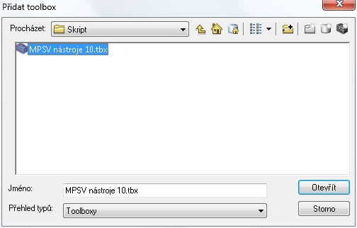 Obrázek 12.4 Položka Přidat toolbox v plovoucím menu Otevře se dialogové okno Přidat toolbox. Nalistujte složku, kde máte uložený nový toolbox MPSV_nastroje, můžete si jej pojmenovat popř.